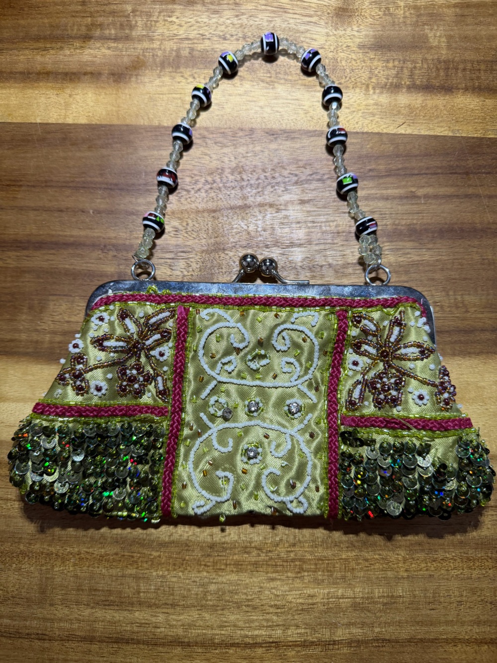 Vintage Green Beaded Sequin Evening Clutch Purse Floral Embroidery Chain Strap